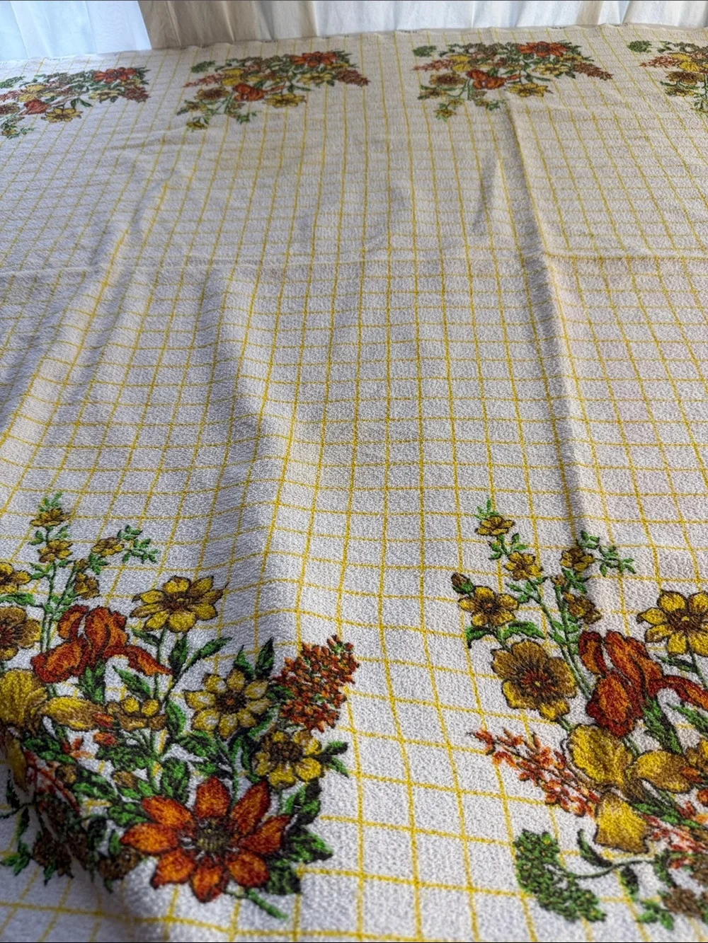 Vintage 1970s Terry Cloth Tablecloth 66 x 46 Harvest Floral Yellow Grid Cottage